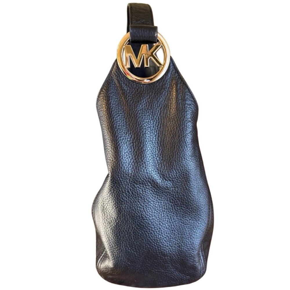 VTG Michael Kors Fulton Black Leather Hobo Slouchy Shoulder Bag Gold Logo NWT - Picture 2 of 9